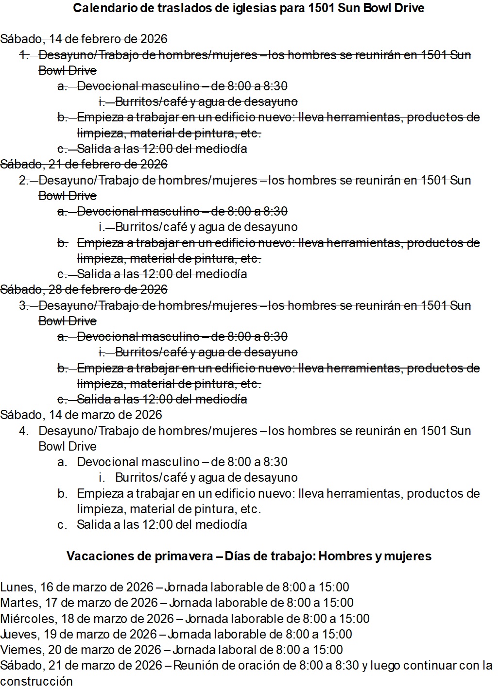 New Church Building Schedule in Spanish