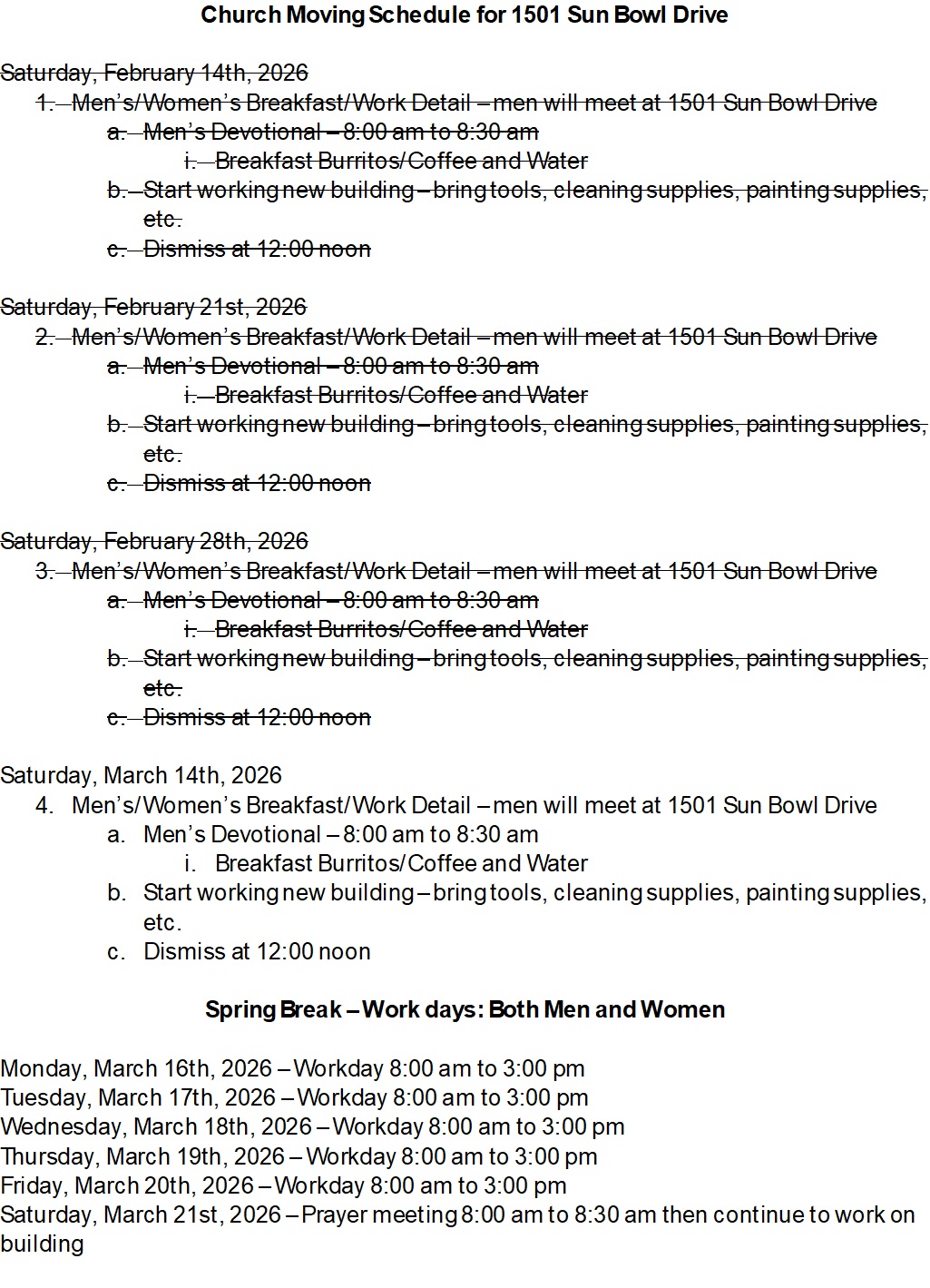 New Church Building Schedule in English